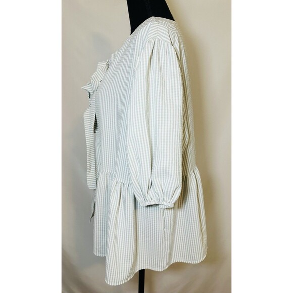 Carole Christian Seer Sucker Bow Front Puff Sleeve Green Boho Blouse Oversized S - Picture 2 of 11